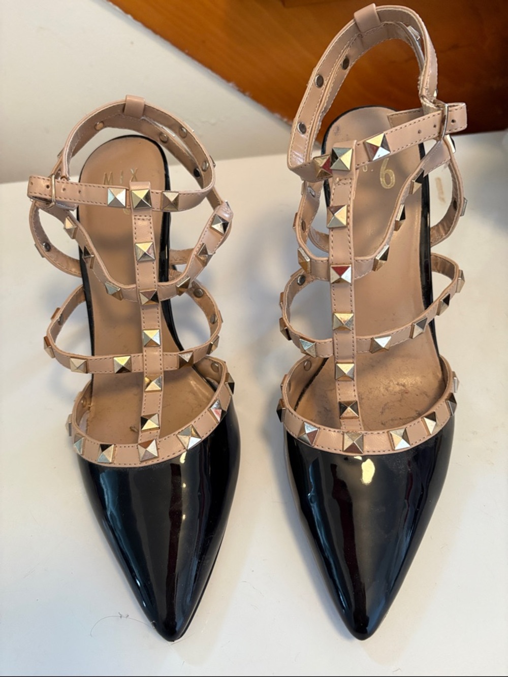 Mix No. 6 Black Patent and Nude Studded Strappy Pointed-Toe Pumps